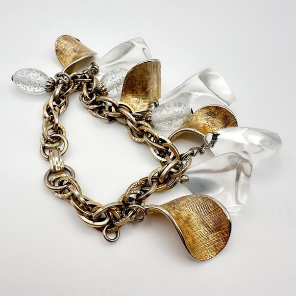 Coro 1960s Charm Bracelet Lucite Moon Rock Textured Gold Plate Double Link - Picture 7 of 12